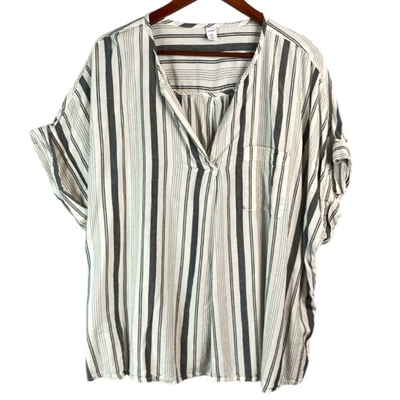 Old Navy Split Envelope-Neck Top Grey Stripe Soft Wash Cuffed Sleeve Size XXL - Picture 2 of 11